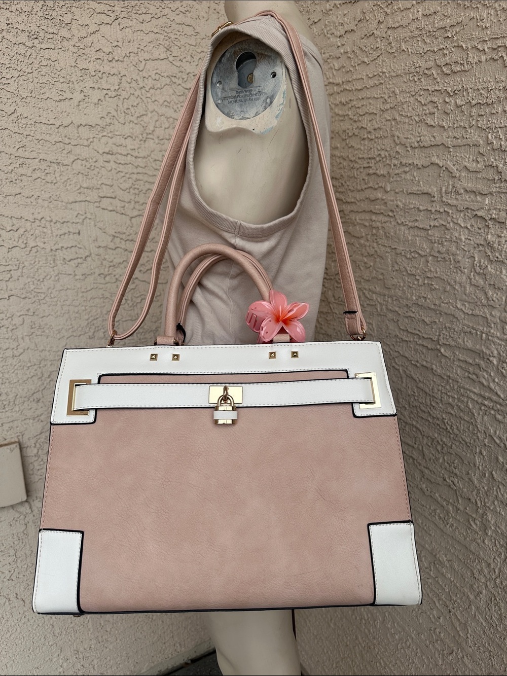Blush Pink & White Structured Top-Handle Tote with Gold Lock and Floral Clip